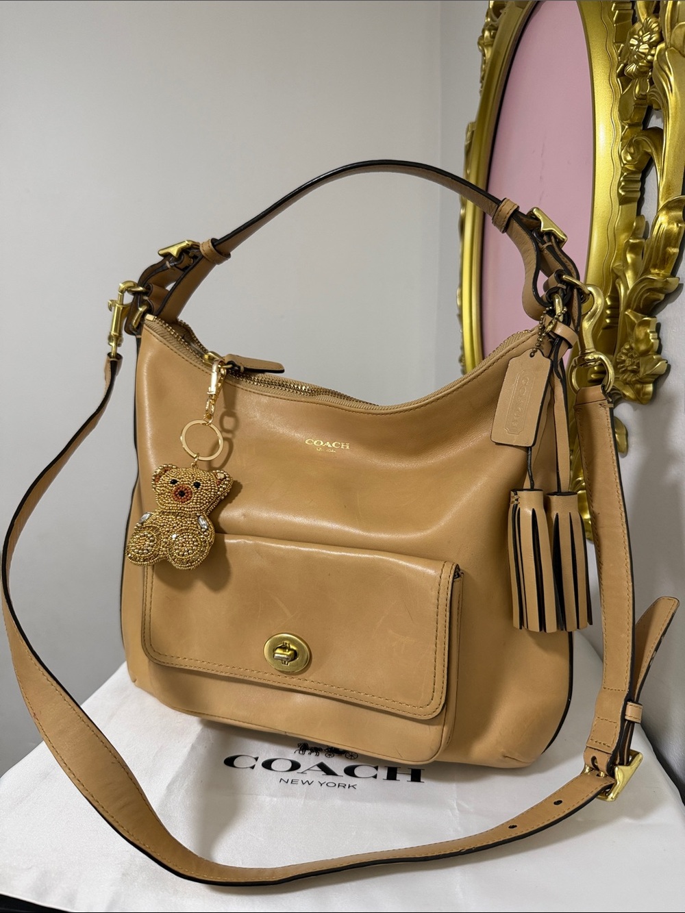 Coach 🐻💝Final Sale💝🐻Camel/Tan Leather Shoulder Bag with Tassel Charm